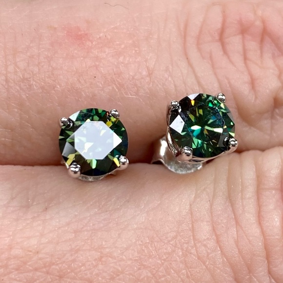 Certified 1 Carat Green Diamond Stud Earrings ~ Authentic Moissanite Studs - Picture 7 of 10